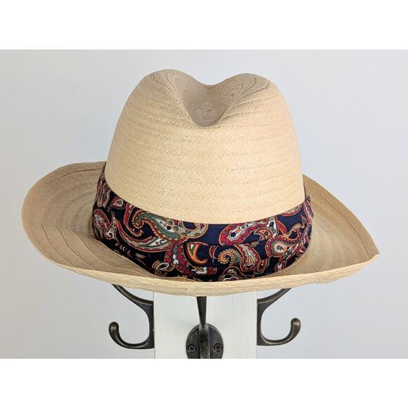 VTG Haband Fedora Hat Medium 22" Natural Straw Blue Paisley Hatband Made in USA - Picture 6 of 9